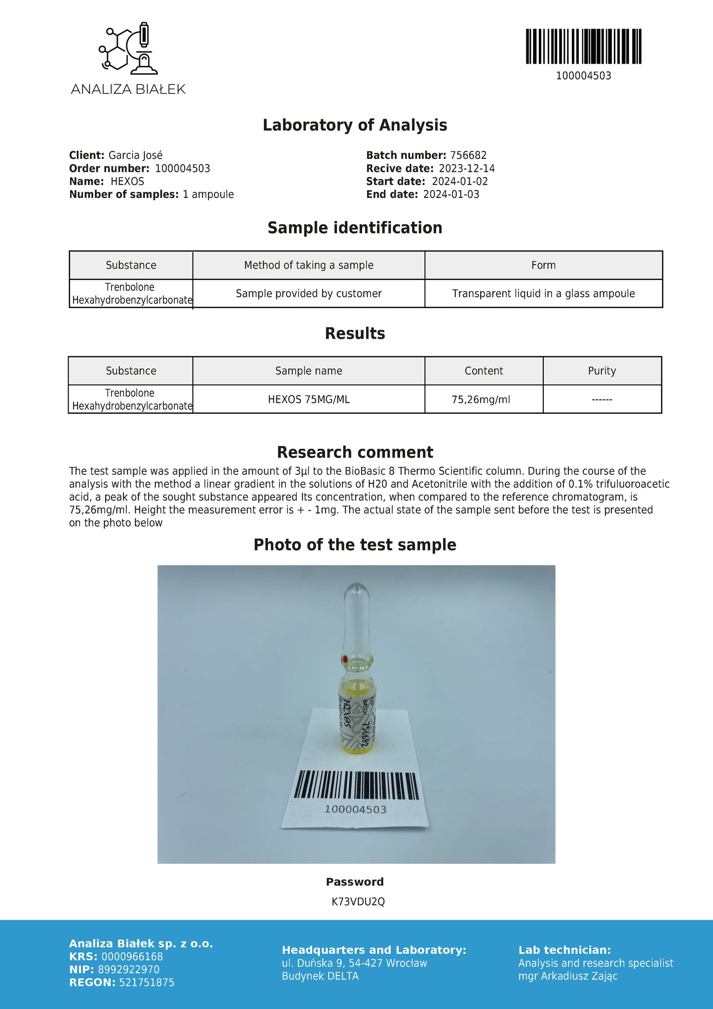 Hexos 75 mg/ml (Trenbolone Hexahydrobenzyl Carbonate) 10ml vial