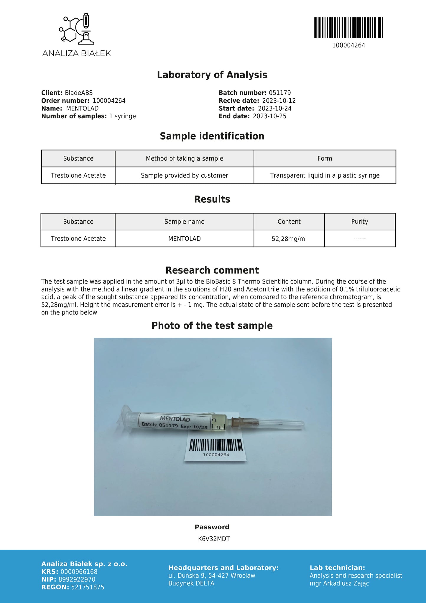 Mentolad 50 mg/ml (Trestolone acetate) 10ml vial